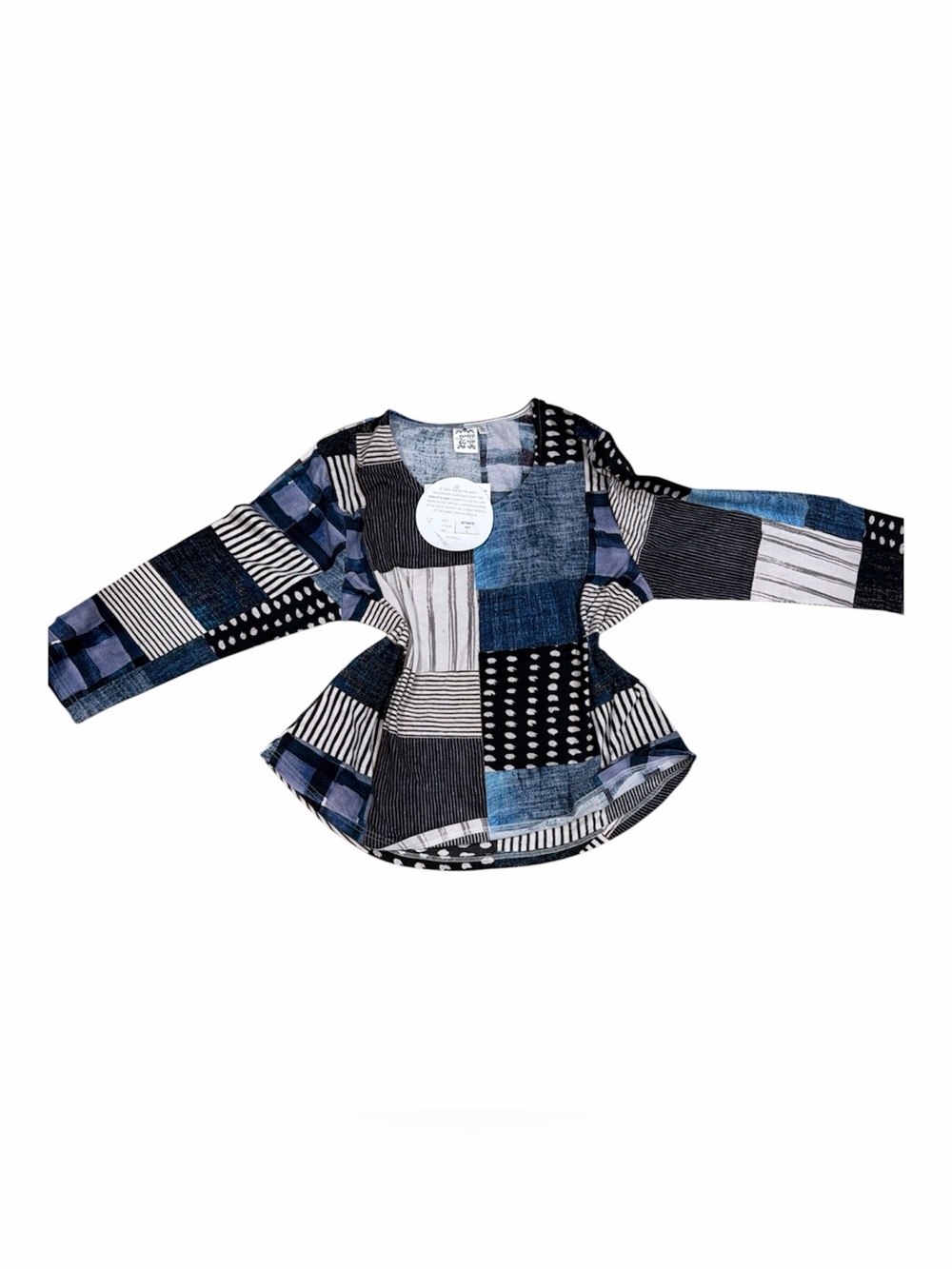 Parsley & Sage Patchwork Blue and Black Peplum Long Sleeve Top